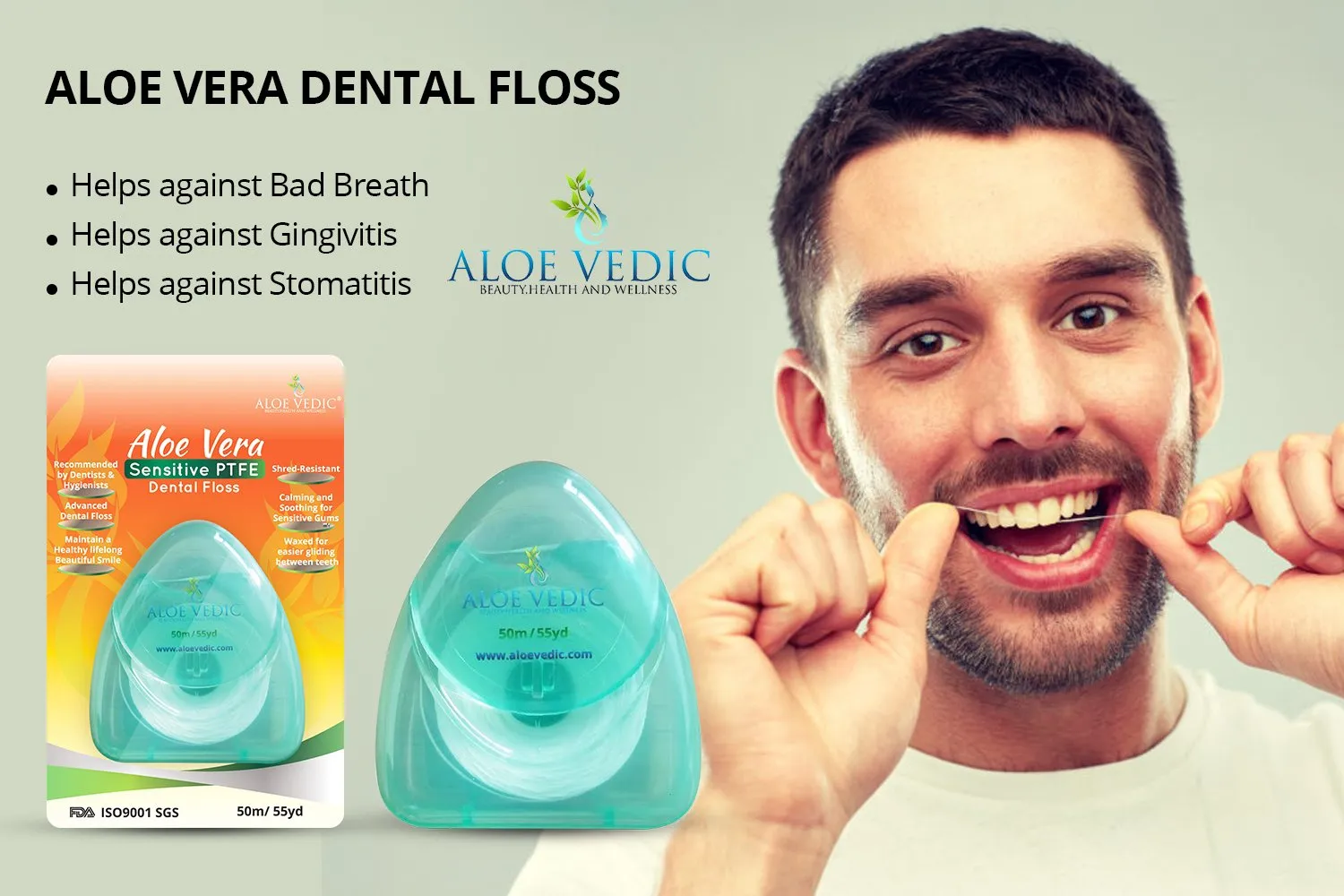 AloeVedic Premium Aloe Vera Dental Floss PTFE 50 Metre Strong No Shred, Vegan Floss Best for Gingivitis Gum Disease Treatment, Bleeding Gums, Bad Breath Relief & Teeth Cleaning Hygienist Care- Pack (1) 1