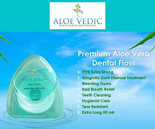 AloeVedic Premium Aloe Vera Dental Floss PTFE 50 Metre Strong No Shred, Vegan Floss Best for Gingivitis Gum Disease Treatment, Bleeding Gums, Bad Breath Relief & Teeth Cleaning Hygienist Care- Pack (1) 1