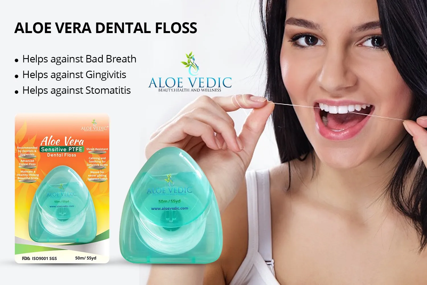 AloeVedic Premium Aloe Vera Dental Floss PTFE 50 Metre Strong No Shred, Vegan Floss Best for Gingivitis Gum Disease Treatment, Bleeding Gums, Bad Breath Relief & Teeth Cleaning Hygienist Care- Pack (1) 1