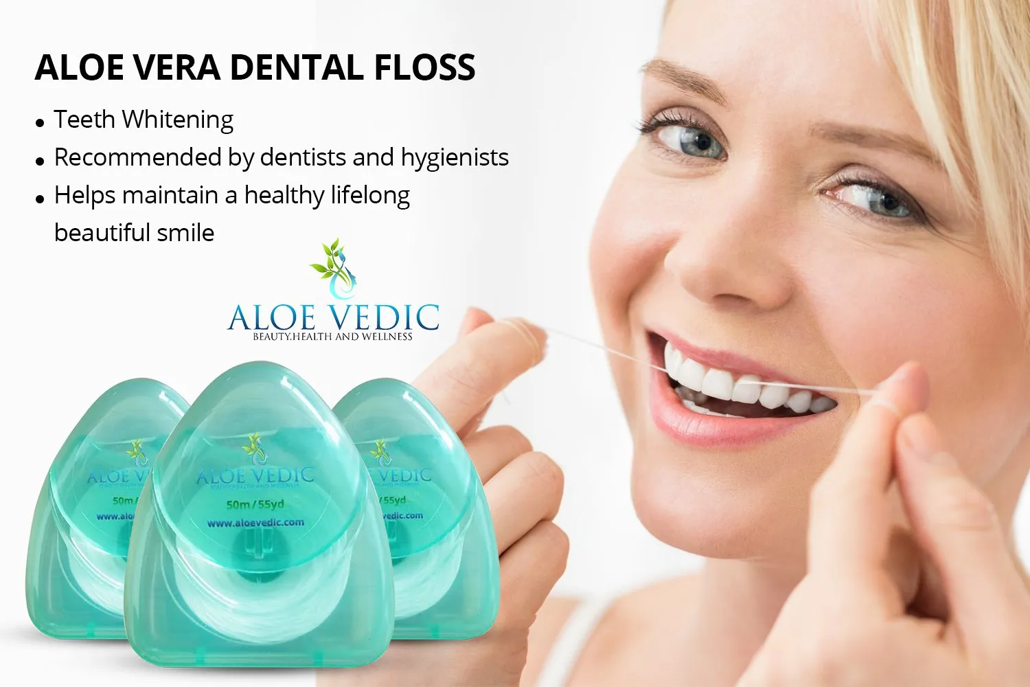 AloeVedic Premium Aloe Vera Dental Floss PTFE 50 Metre Strong No Shred, Vegan Floss Best for Gingivitis Gum Disease Treatment, Bleeding Gums, Bad Breath Relief & Teeth Cleaning Hygienist Care- Pack (1) 1