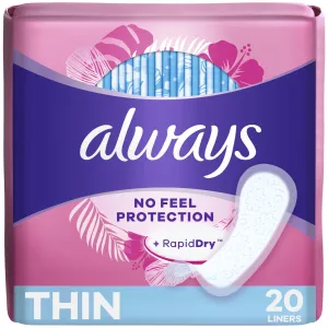 Always, Thin Daily Liners For Women, Regular Length, 20 Count