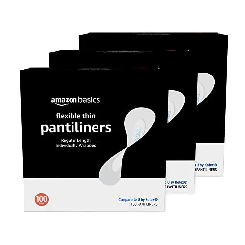 Amazon Basics Flexible Thin Pantiliner, Regular Length, 300 Count, 3 Packs of 100 (Previously Solimo)