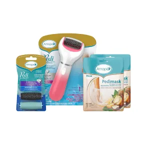 Amope Pedi Perfect Spa Experience Pampering Pack containing an Electronic Foot File 2 Pairs of Macadamia Oil Foot Masks and 2 Refills