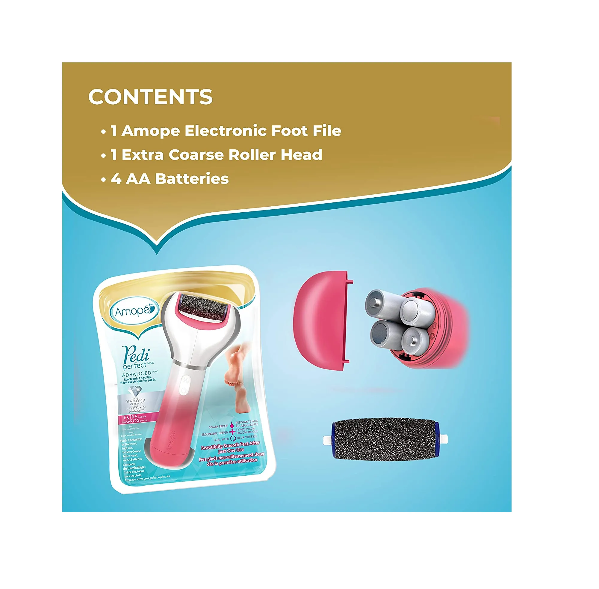Amope Pedi Perfect Spa Experience Pampering Pack containing an Electronic Foot File 2 Pairs of Macadamia Oil Foot Masks and 2 Refills