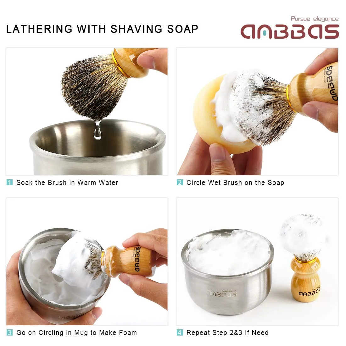 Anbbas Badger Hair Shaving Brush with Wood Handle,Stainless Steel Razor and Brush Stand, Shaving Bowl with Shaving Soap Bar 4in1 Set for Men Wet Shave