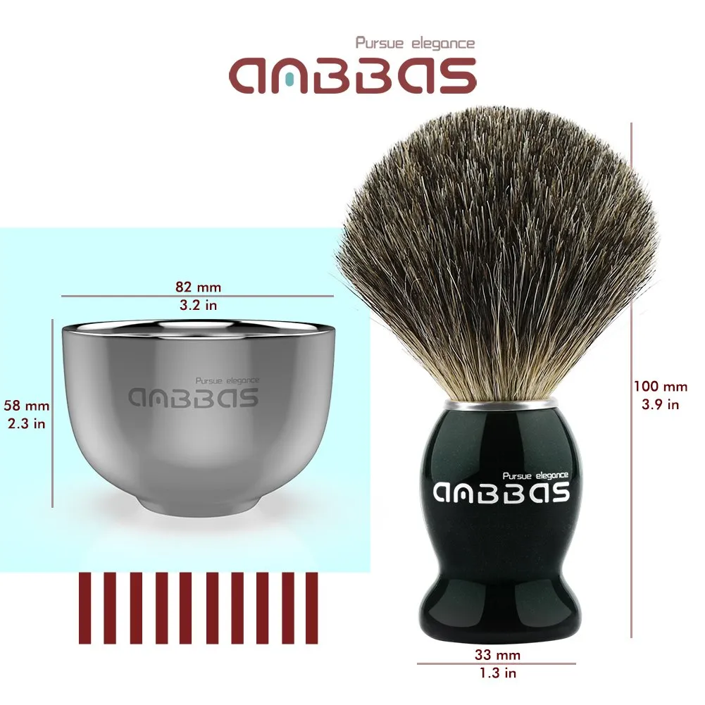 Anbbas Shaving Brush, 3in1 Best Pure Badger Shaving Brush Black Wood Handle,Stainless Steel Shaving Stand Brush Holder and Dia 3.2 inches Shaving Soap Bowl for Men Perfect Wet Shaving Set