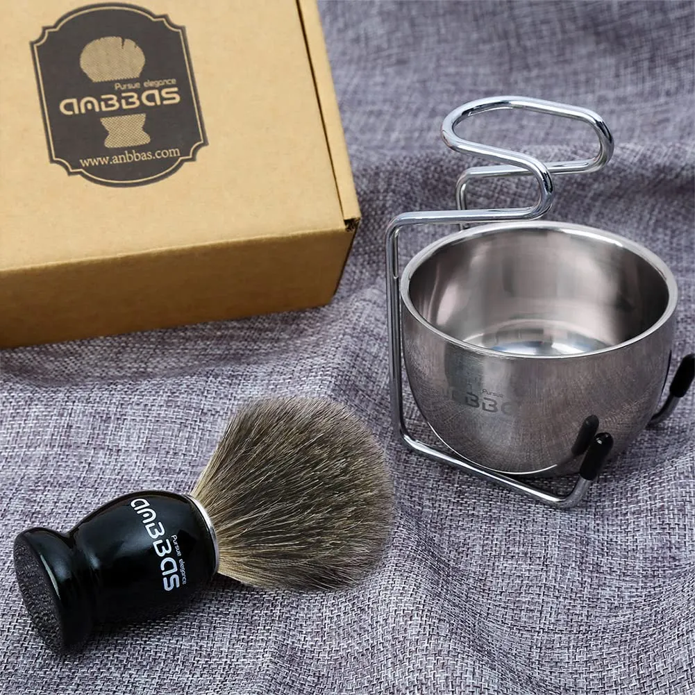 Anbbas Shaving Brush, 3in1 Best Pure Badger Shaving Brush Black Wood Handle,Stainless Steel Shaving Stand Brush Holder and Dia 3.2 inches Shaving Soap Bowl for Men Perfect Wet Shaving Set