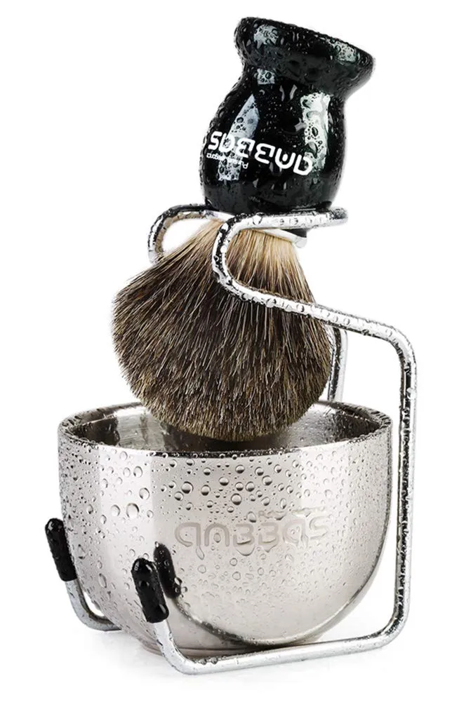 Anbbas Shaving Brush, 3in1 Best Pure Badger Shaving Brush Black Wood Handle,Stainless Steel Shaving Stand Brush Holder and Dia 3.2 inches Shaving Soap Bowl for Men Perfect Wet Shaving Set