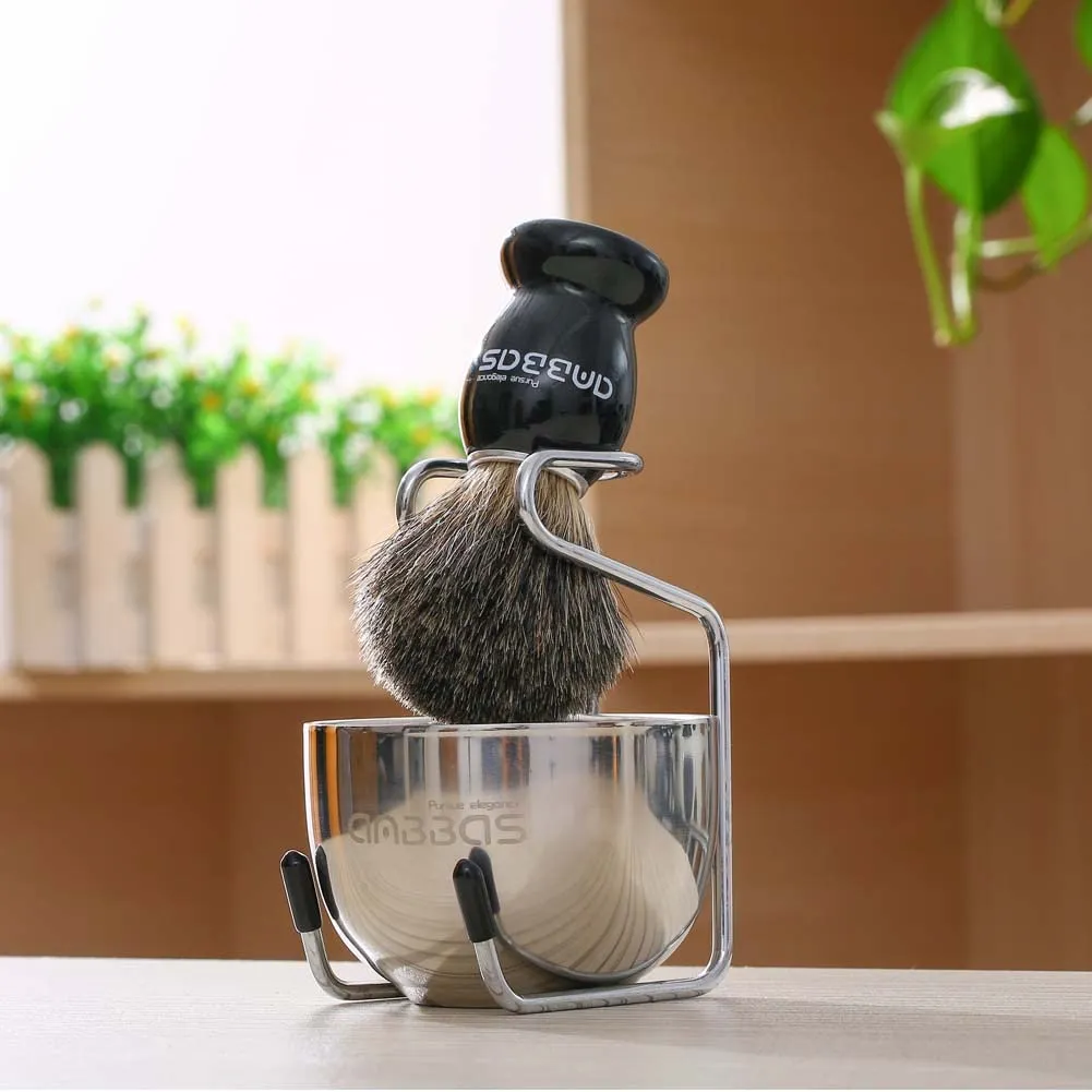 Anbbas Shaving Brush, 3in1 Best Pure Badger Shaving Brush Black Wood Handle,Stainless Steel Shaving Stand Brush Holder and Dia 3.2 inches Shaving Soap Bowl for Men Perfect Wet Shaving Set