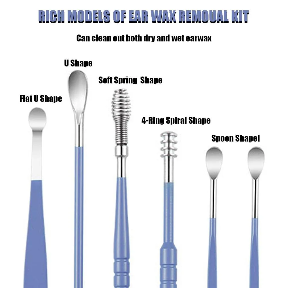 AONUOWE 6 Pcs Ear Pick Earwax Removal Kit, Ear Cleansing Tool Set, Ear 11.7x2.8x2cm Blue