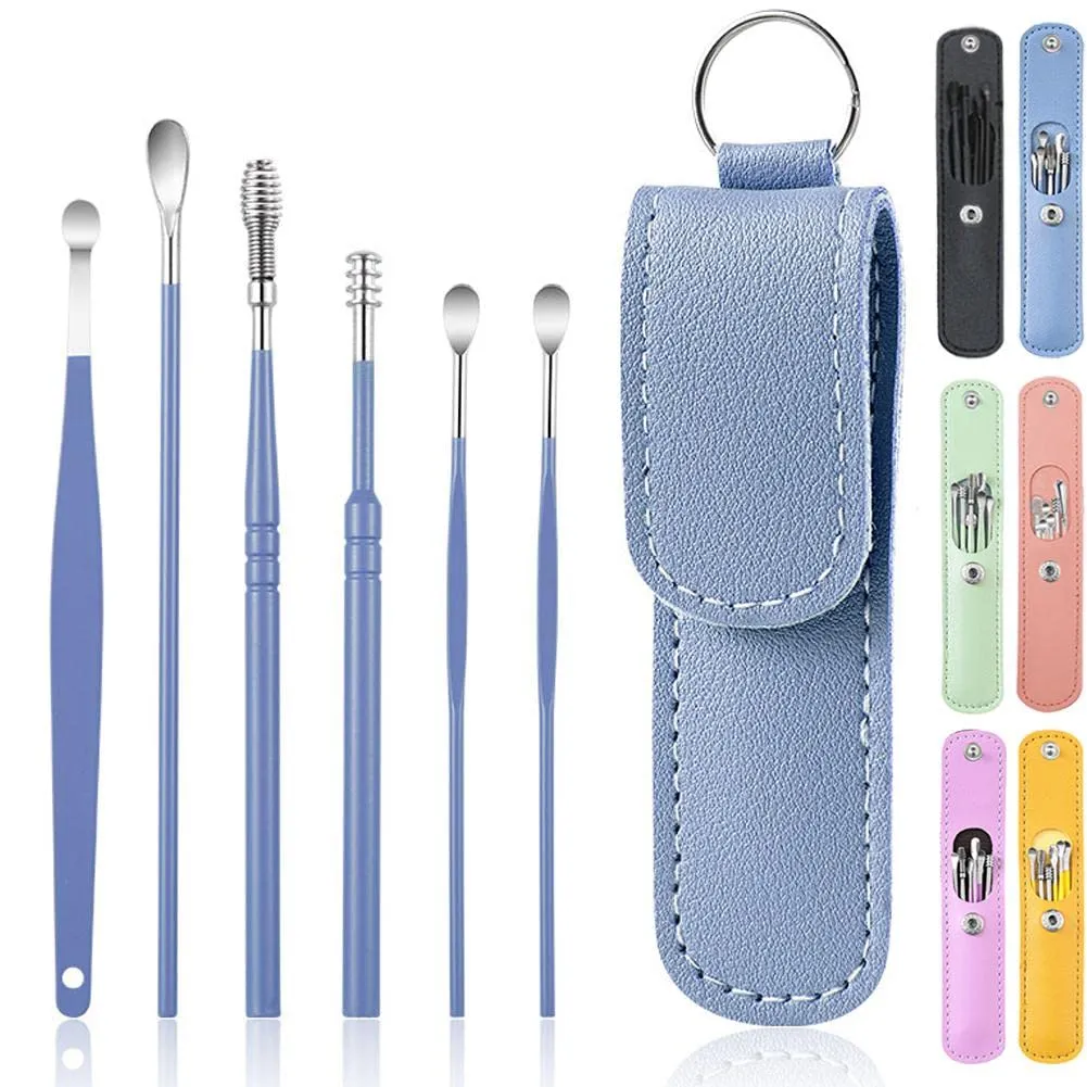 AONUOWE 6 Pcs Ear Pick Earwax Removal Kit, Ear Cleansing Tool Set, Ear 11.7x2.8x2cm Blue