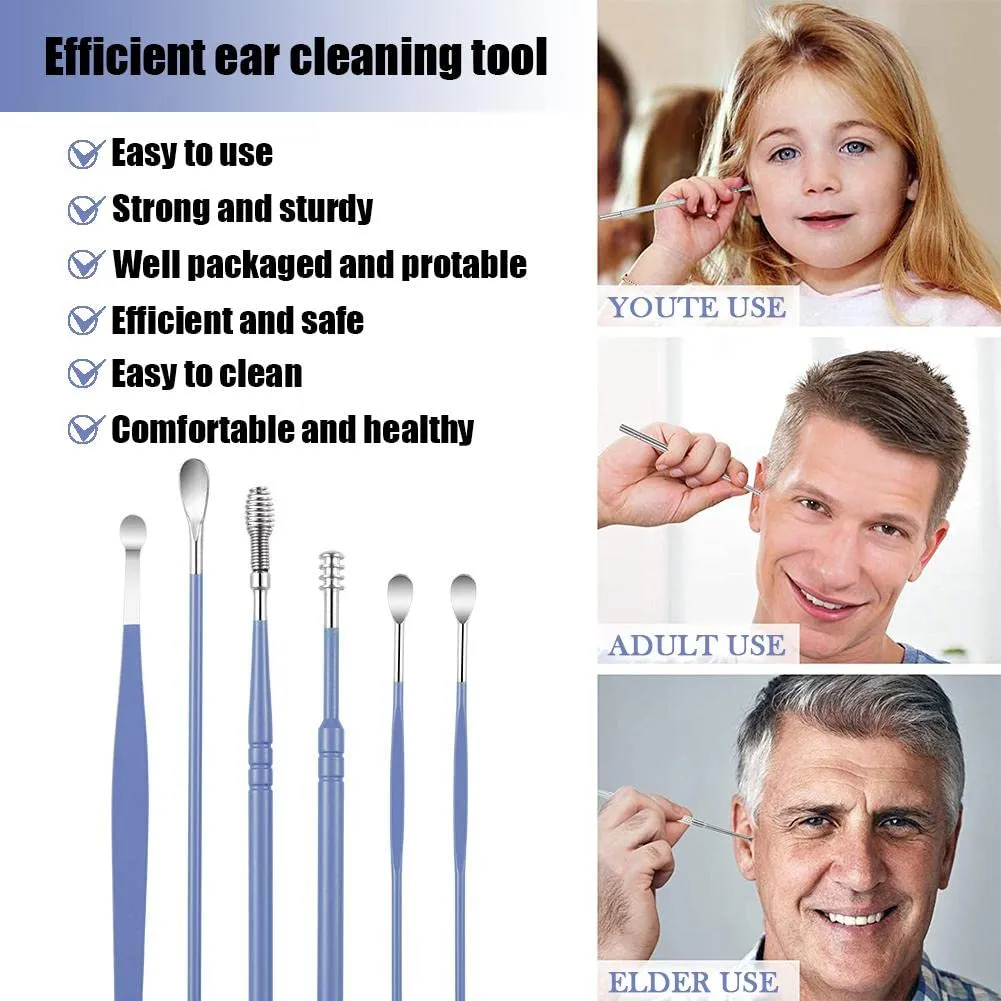 AONUOWE 6 Pcs Ear Pick Earwax Removal Kit, Ear Cleansing Tool Set, Ear 11.7x2.8x2cm Blue