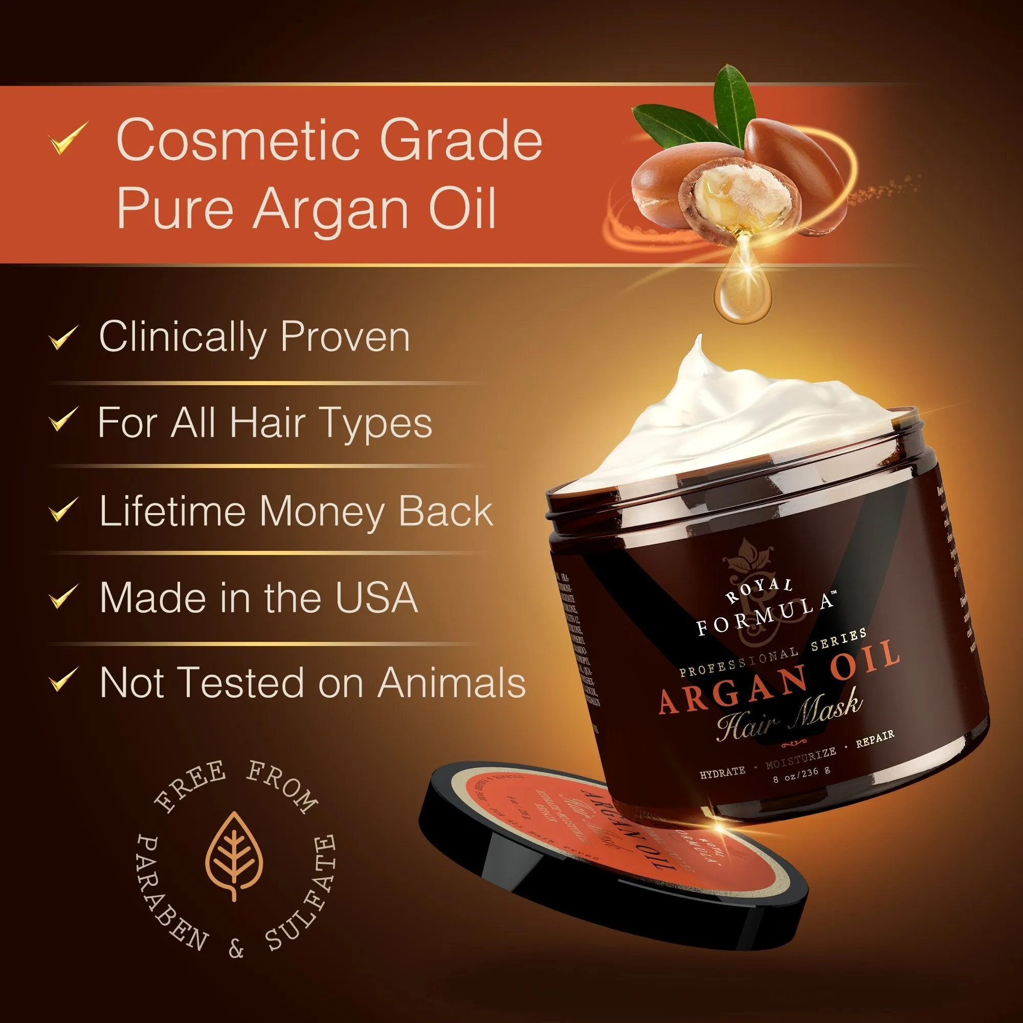 Argan Oil Hair Mask, Organic Argan & Almond Oils - Deep Conditioner, Hydrating Hair Treatment Therapy, Repair Dry Damaged, Color Treated & Bleached Hair - Hydrates & Stimulates Hair Growth, 8 Oz 8 Fl Oz (Pack of 1)