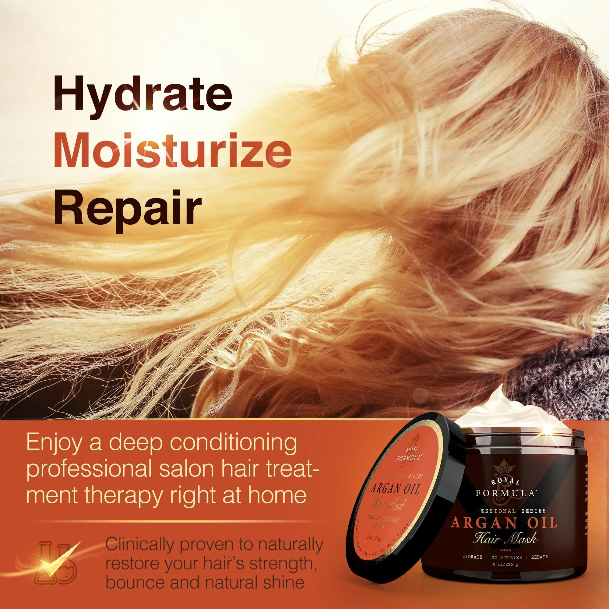 Argan Oil Hair Mask, Organic Argan & Almond Oils - Deep Conditioner, Hydrating Hair Treatment Therapy, Repair Dry Damaged, Color Treated & Bleached Hair - Hydrates & Stimulates Hair Growth, 8 Oz 8 Fl Oz (Pack of 1)