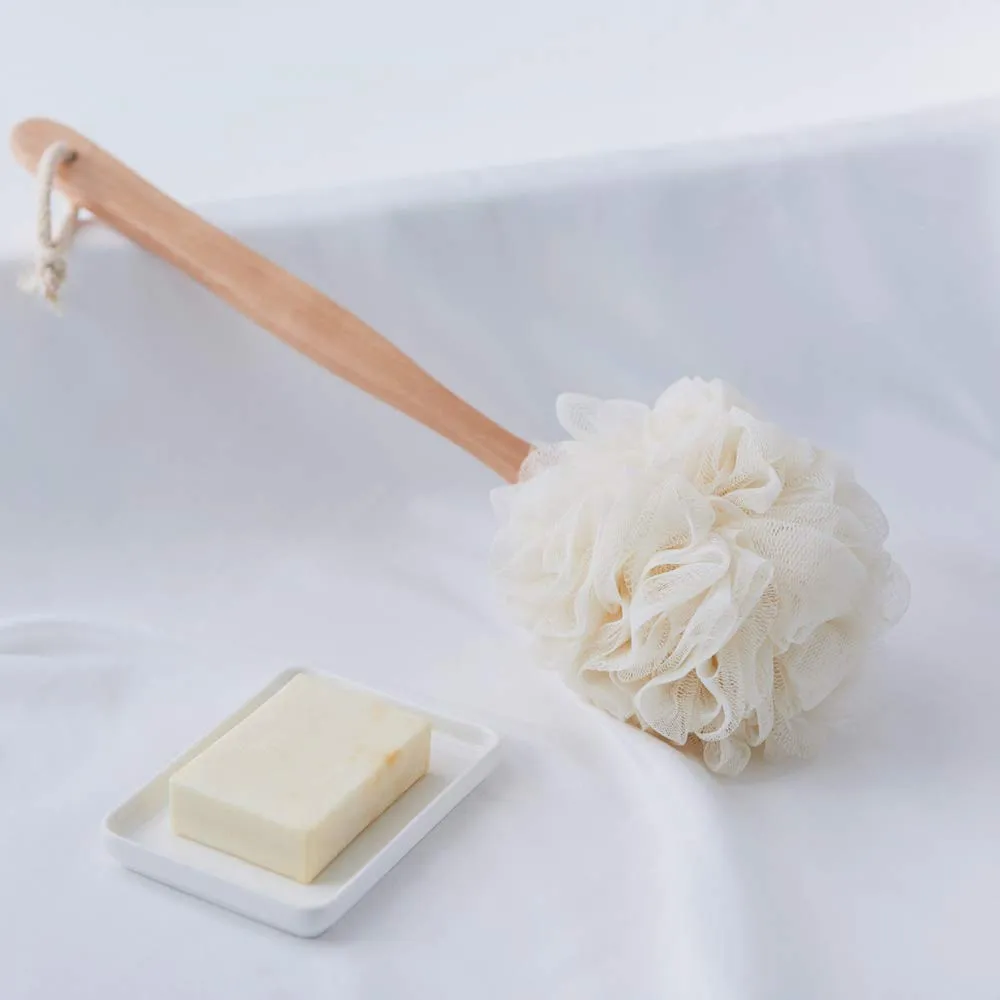 Arswin Loofah Back Scrubber for Shower, Wooden Long Handle Bath Sponge Lufa Shower Brush, Soft Nylon Mesh Back Cleaner Washer, Women & Men Exfoliating Luffa Pouf on a Stick for Body (White)