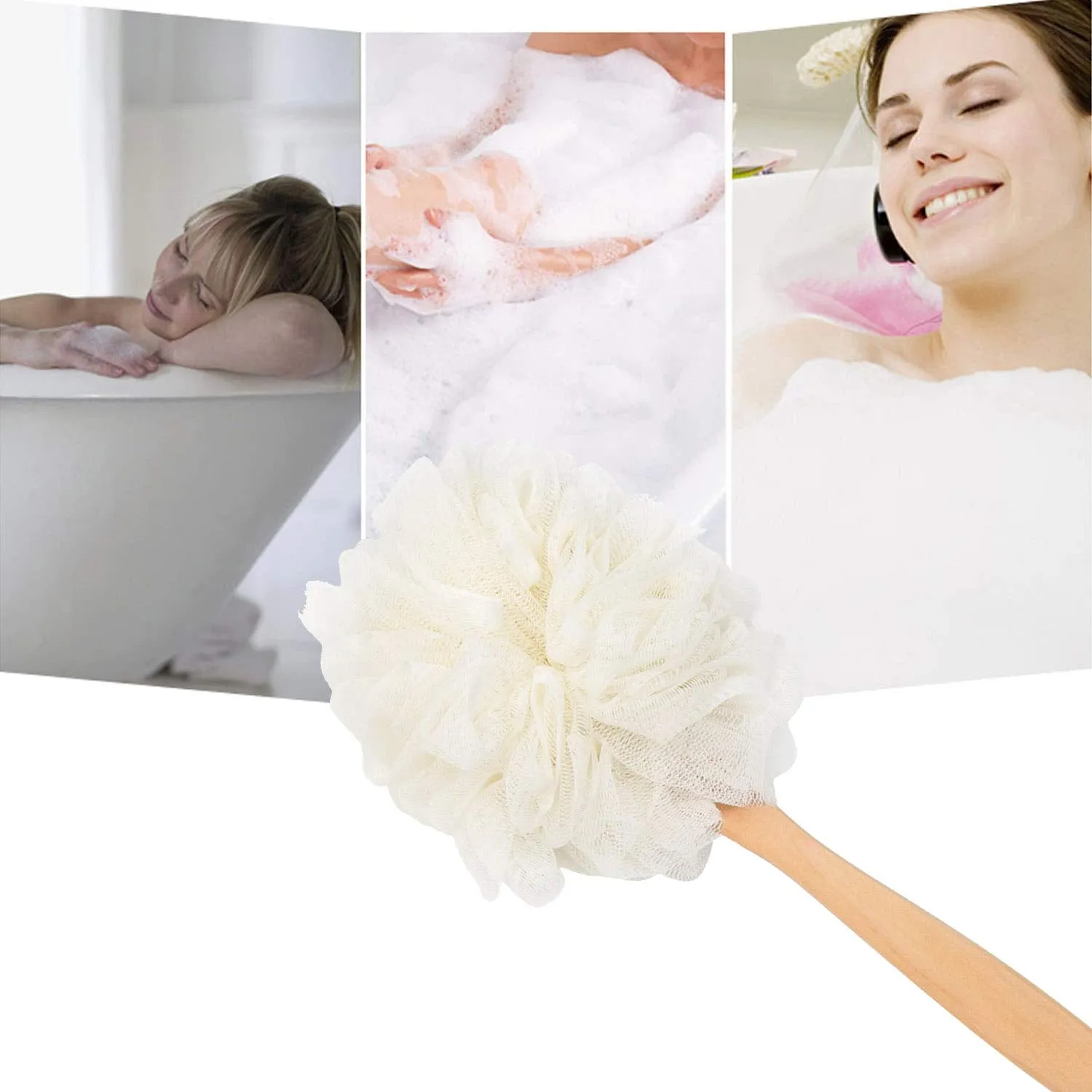 Arswin Loofah Back Scrubber for Shower, Wooden Long Handle Bath Sponge Lufa Shower Brush, Soft Nylon Mesh Back Cleaner Washer, Women & Men Exfoliating Luffa Pouf on a Stick for Body (White)