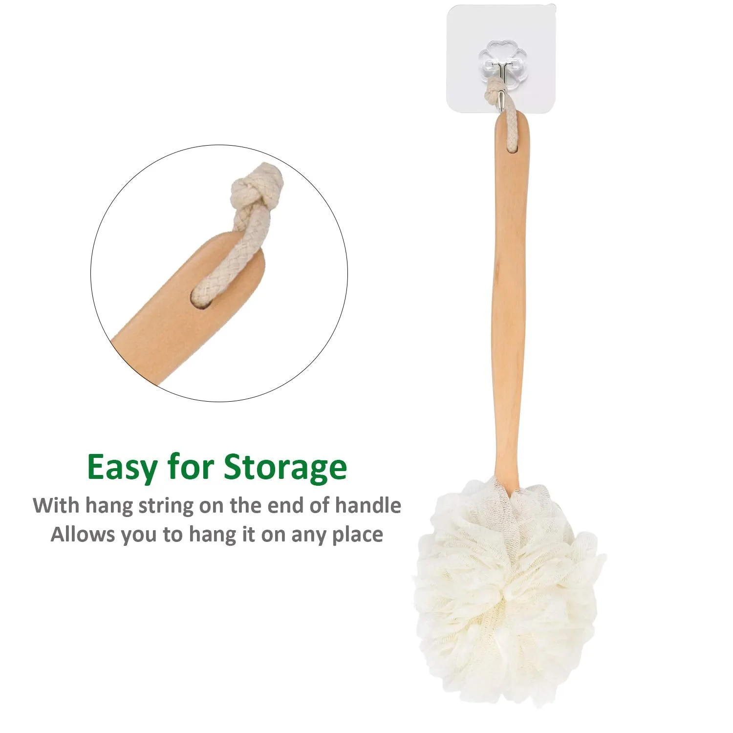 Arswin Loofah Back Scrubber for Shower, Wooden Long Handle Bath Sponge Lufa Shower Brush, Soft Nylon Mesh Back Cleaner Washer, Women & Men Exfoliating Luffa Pouf on a Stick for Body (White)