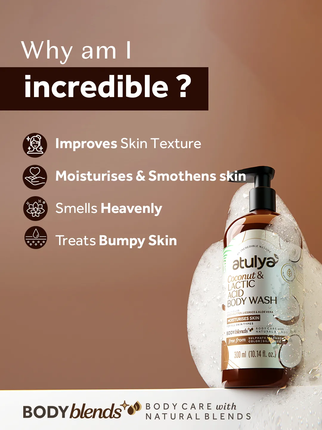 Atulya Coconut & Lactic Acid Body Wash | Paraben & SLS Free | Suitable for All Skin Types | 300 ML (Add 2 Products in the Cart & Get 1 Free Product Use Code: B1G1)