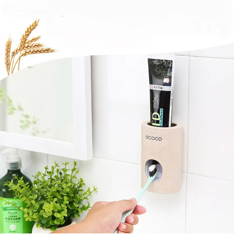 Automatic Toothpaste Dispenser Dust-Proof Toothbrush Holder Wheat Straw Wall Mounted Home Squeezer Bathroom accessories