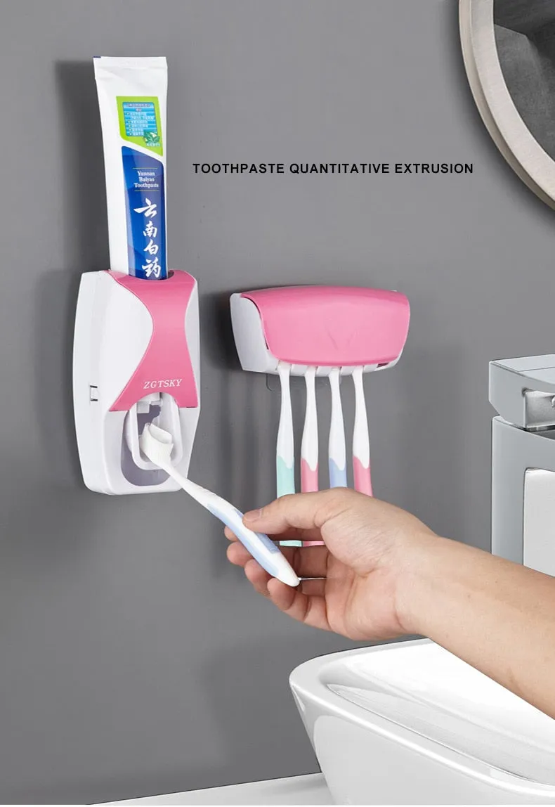 Automatic Toothpaste Dispenser Wall Mount Dust-proof Toothbrush Holder Storage Rack Set