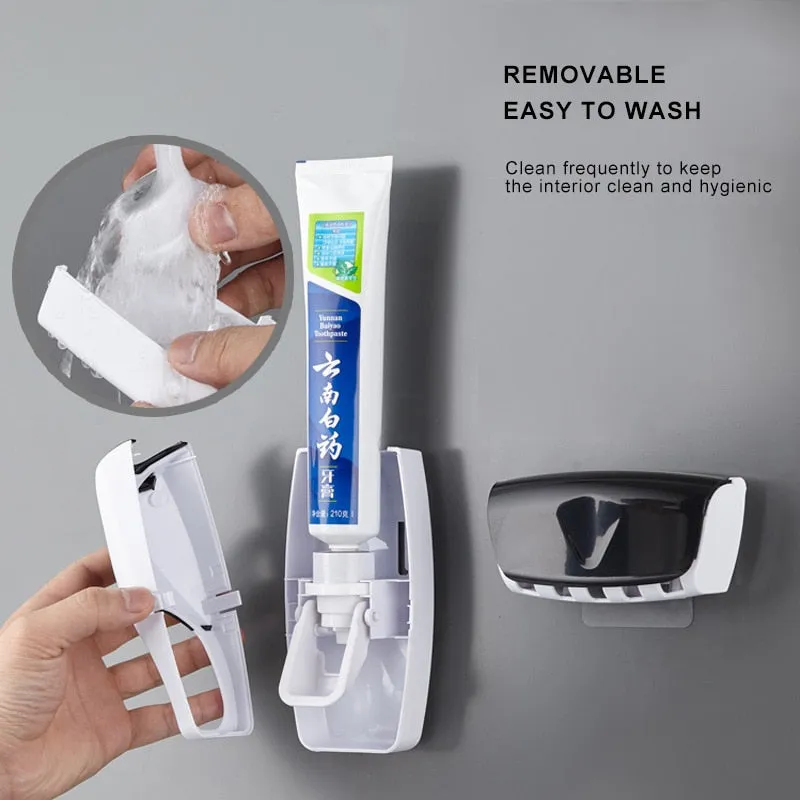 Automatic Toothpaste Dispenser Wall Mount Dust-proof Toothbrush Holder Storage Rack Set