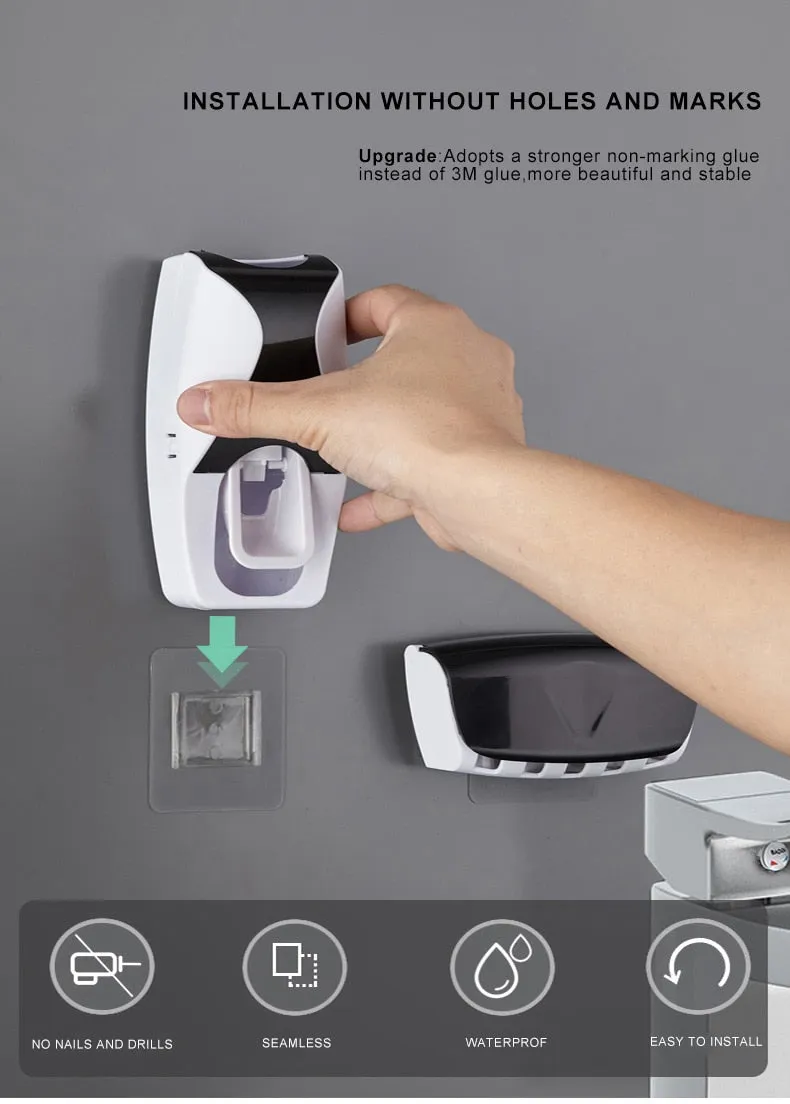 Automatic Toothpaste Dispenser Wall Mount Dust-proof Toothbrush Holder Storage Rack Set