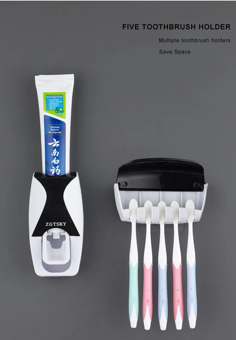 Automatic Toothpaste Dispenser Wall Mount Dust-proof Toothbrush Holder Storage Rack Set