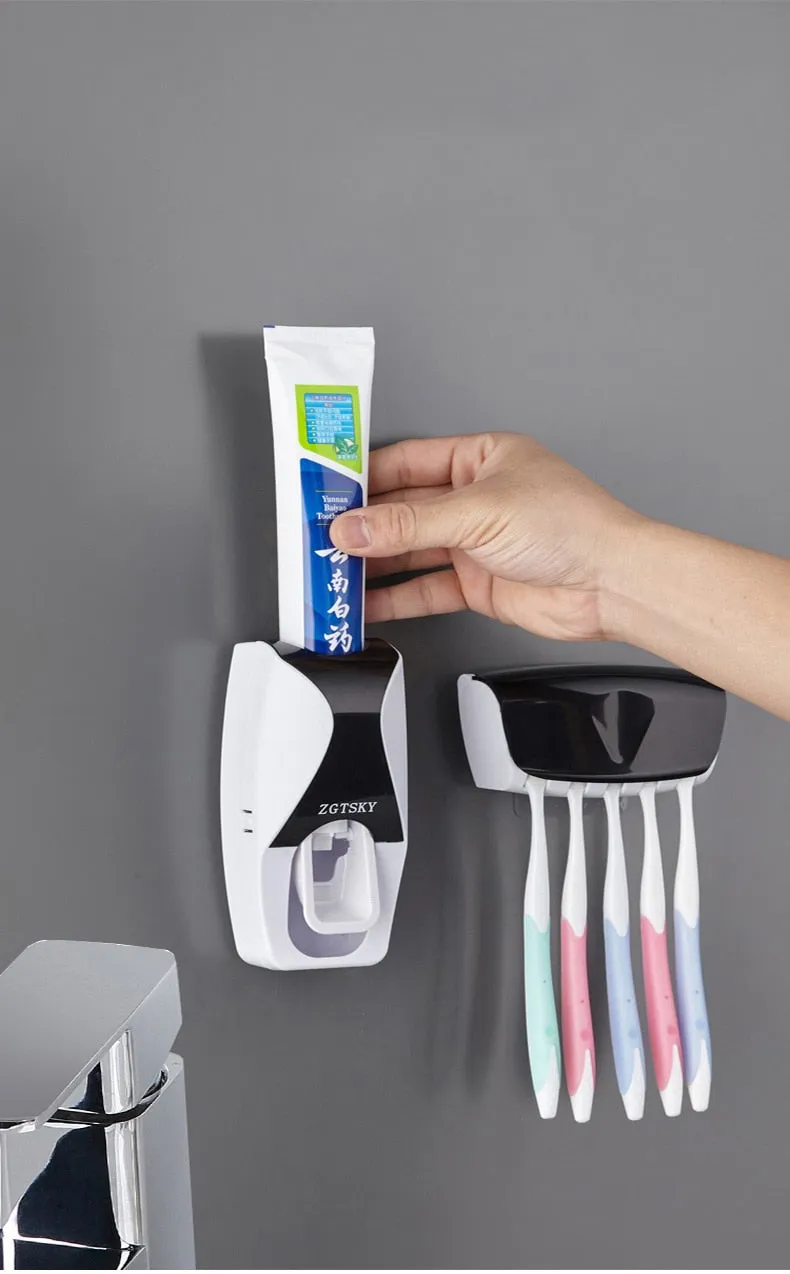 Automatic Toothpaste Dispenser Wall Mount Dust-proof Toothbrush Holder Storage Rack Set