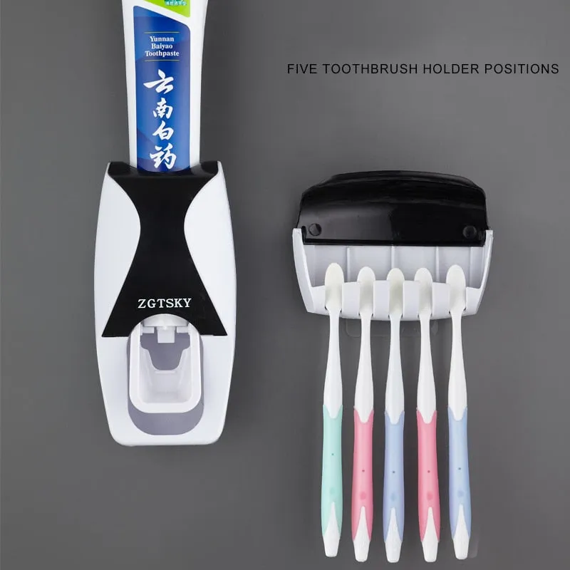 Automatic Toothpaste Dispenser Wall Mount Dust-proof Toothbrush Holder Storage Rack Set