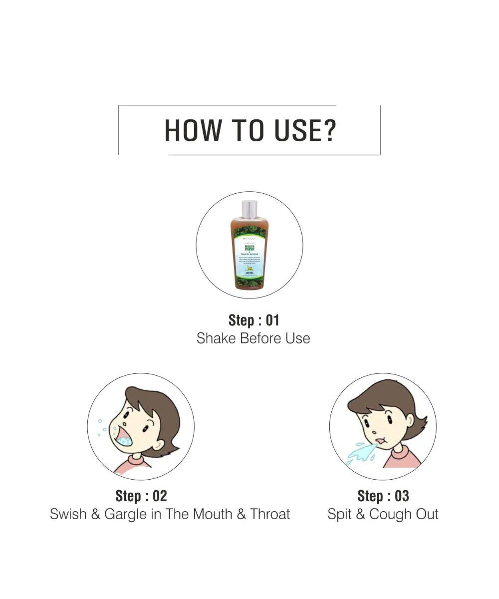 Ayurvedic Herbal Mouthwash liquid for sore throat & Bad Breath: One piece MRP (Inclusive of all taxes):Rs.250/- Net Weight 200ml/