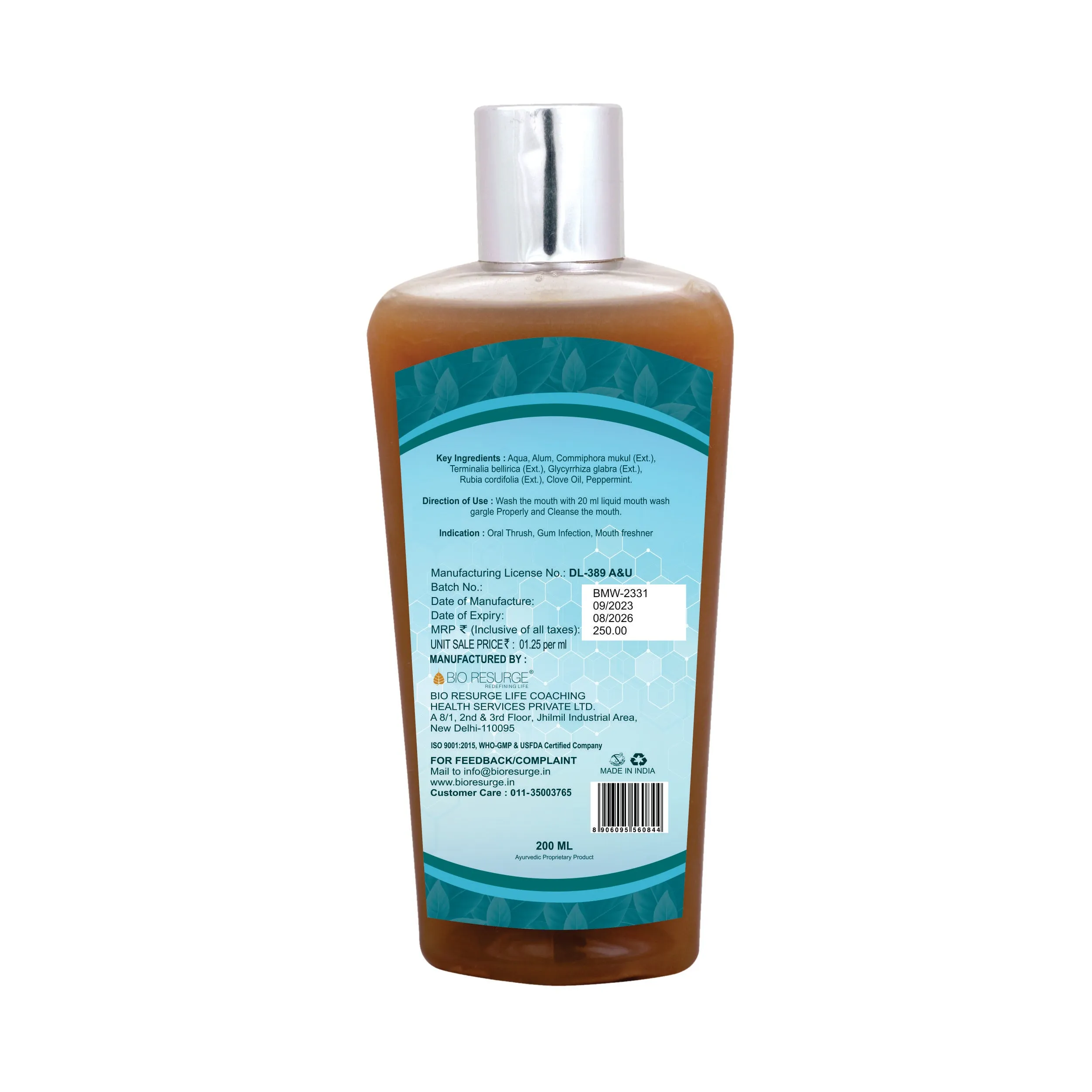 Ayurvedic Herbal Mouthwash liquid for sore throat & Bad Breath: One piece MRP (Inclusive of all taxes):Rs.250/- Net Weight 200ml/