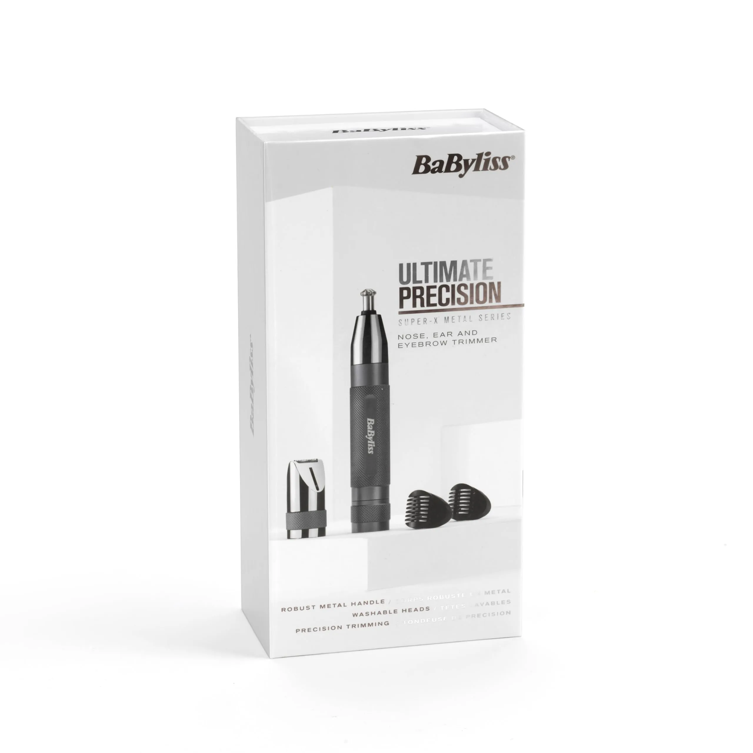 BaByliss Super-X Metal Nose, Ear & Eyebrow Trimmer, 3-in-1 Detail Trimmer, Nose Hair Trimmer, Ear Hair Trimmer, 2 Attachments, 2 Comb Guides, Battery Operated, E116E Silver
