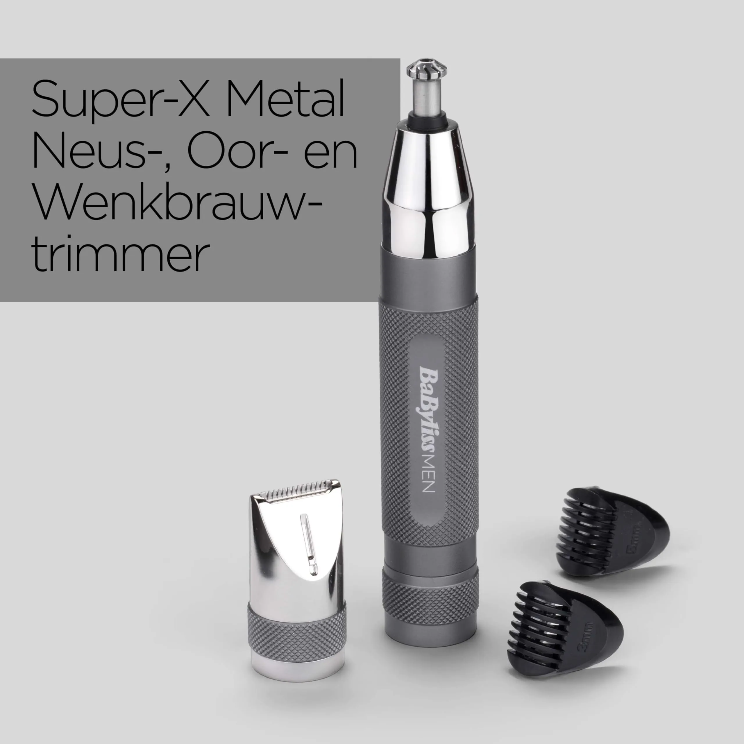 BaByliss Super-X Metal Nose, Ear & Eyebrow Trimmer, 3-in-1 Detail Trimmer, Nose Hair Trimmer, Ear Hair Trimmer, 2 Attachments, 2 Comb Guides, Battery Operated, E116E Silver