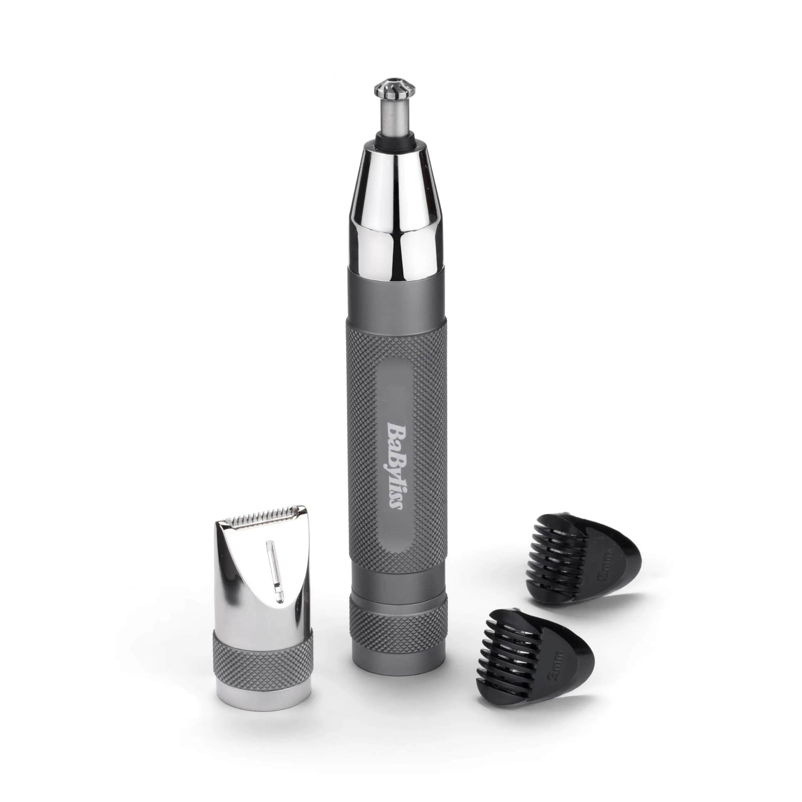 BaByliss Super-X Metal Nose, Ear & Eyebrow Trimmer, 3-in-1 Detail Trimmer, Nose Hair Trimmer, Ear Hair Trimmer, 2 Attachments, 2 Comb Guides, Battery Operated, E116E Silver