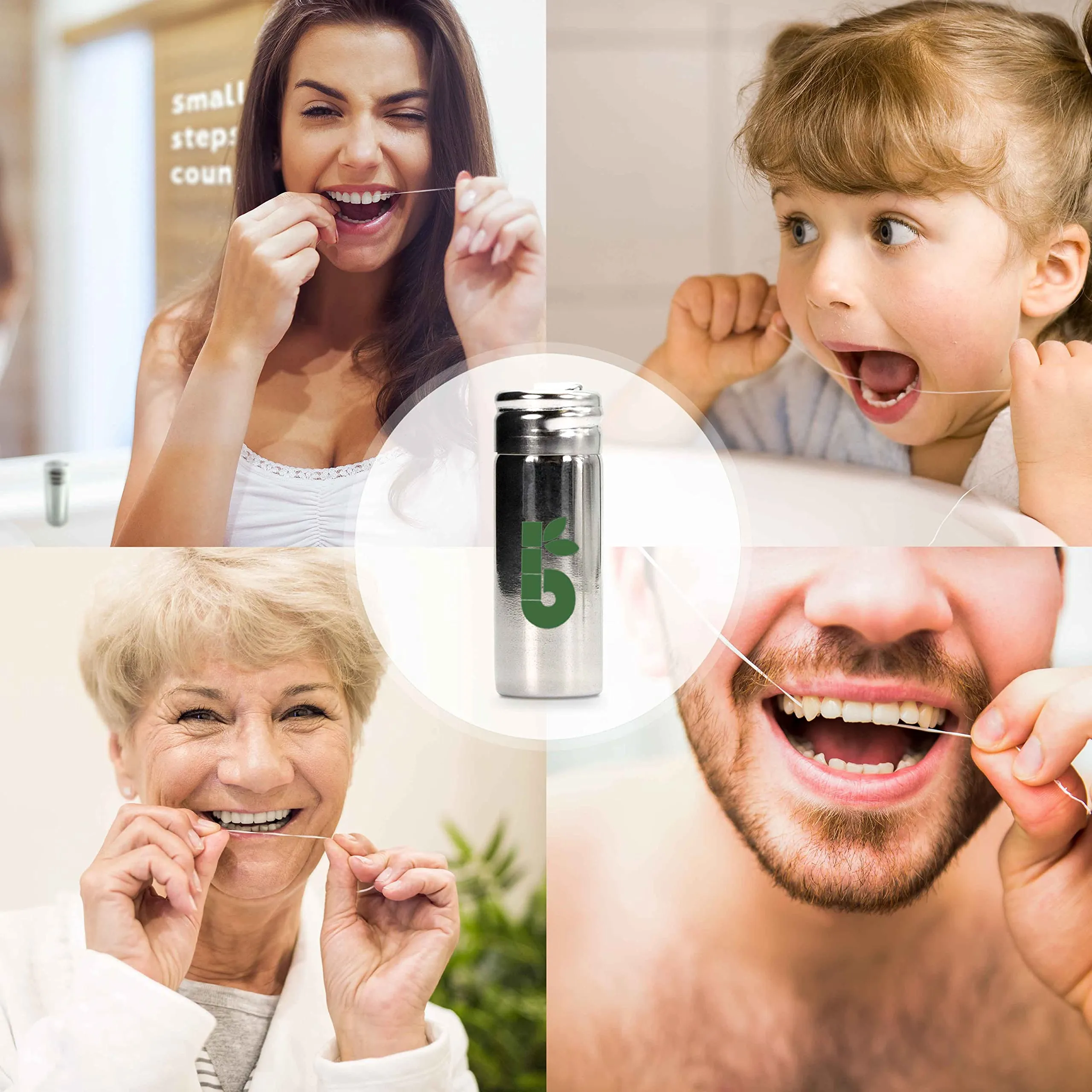 Bambaw Vegan Eco Floss and Stainless Steel Dental Floss Dispenser | Non Plastic Dental Floss | Tooth Floss | Natural Dental Tape | Tape Floss | 1x50 Meter Refill Vegan Floss   Dispenser