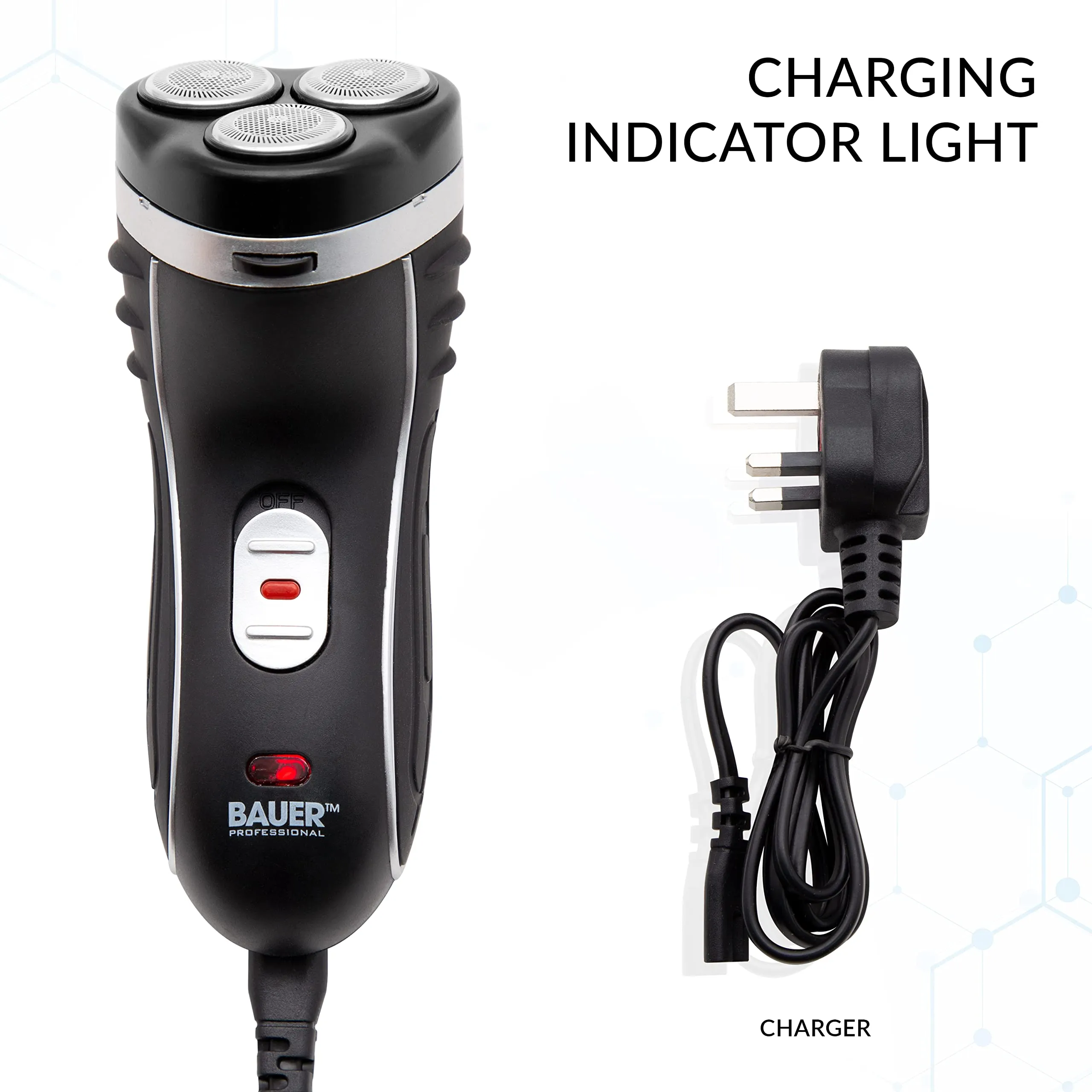 Bauer Professional 38780 Men’s Electric Shaver / Three Flexible Rotary Heads / Ergonomic Grip / Pop-Up Sideburn Trimmer / Cordless & Rechargeable / Head, Face & Body Shaver