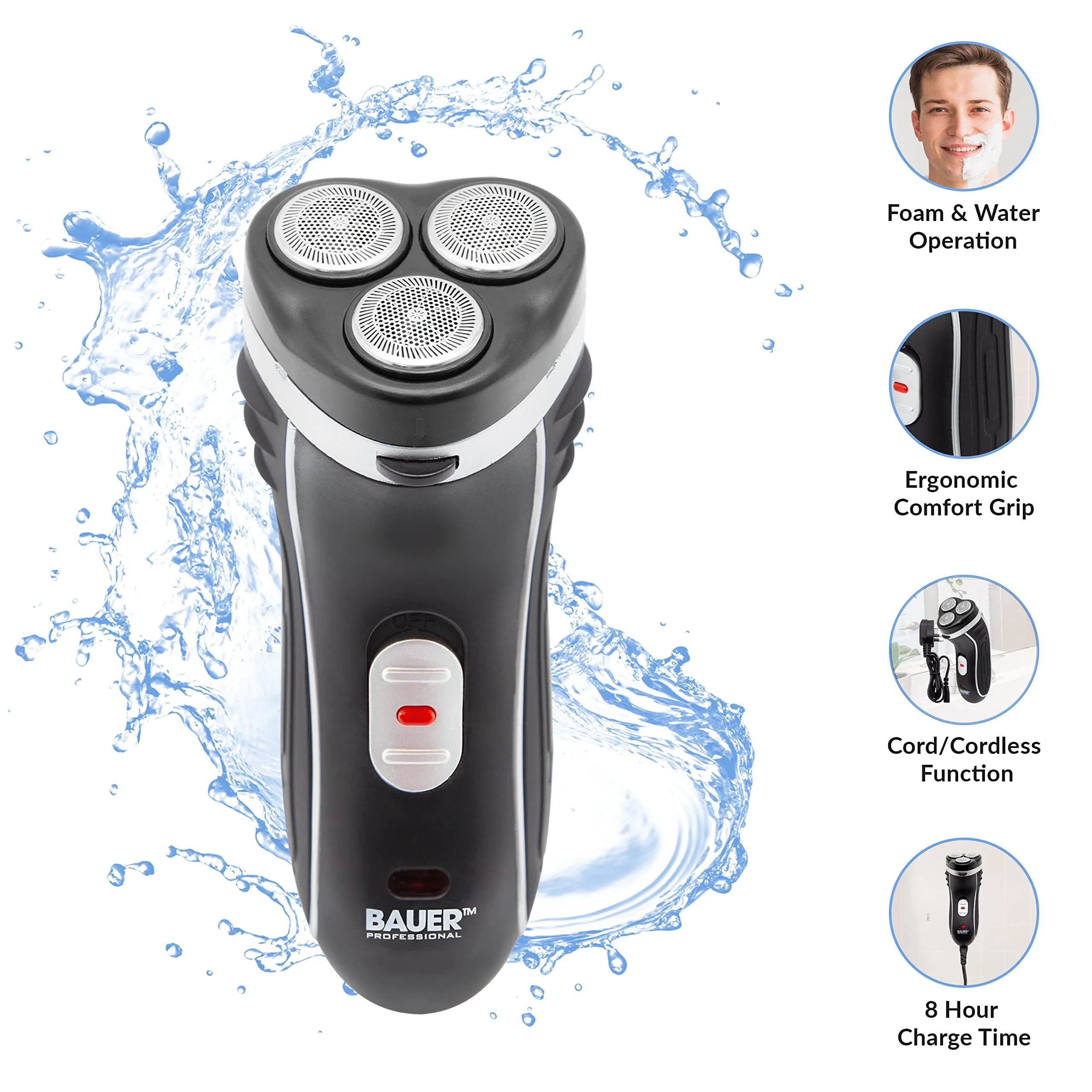 Bauer Professional 38780 Men’s Electric Shaver / Three Flexible Rotary Heads / Ergonomic Grip / Pop-Up Sideburn Trimmer / Cordless & Rechargeable / Head, Face & Body Shaver