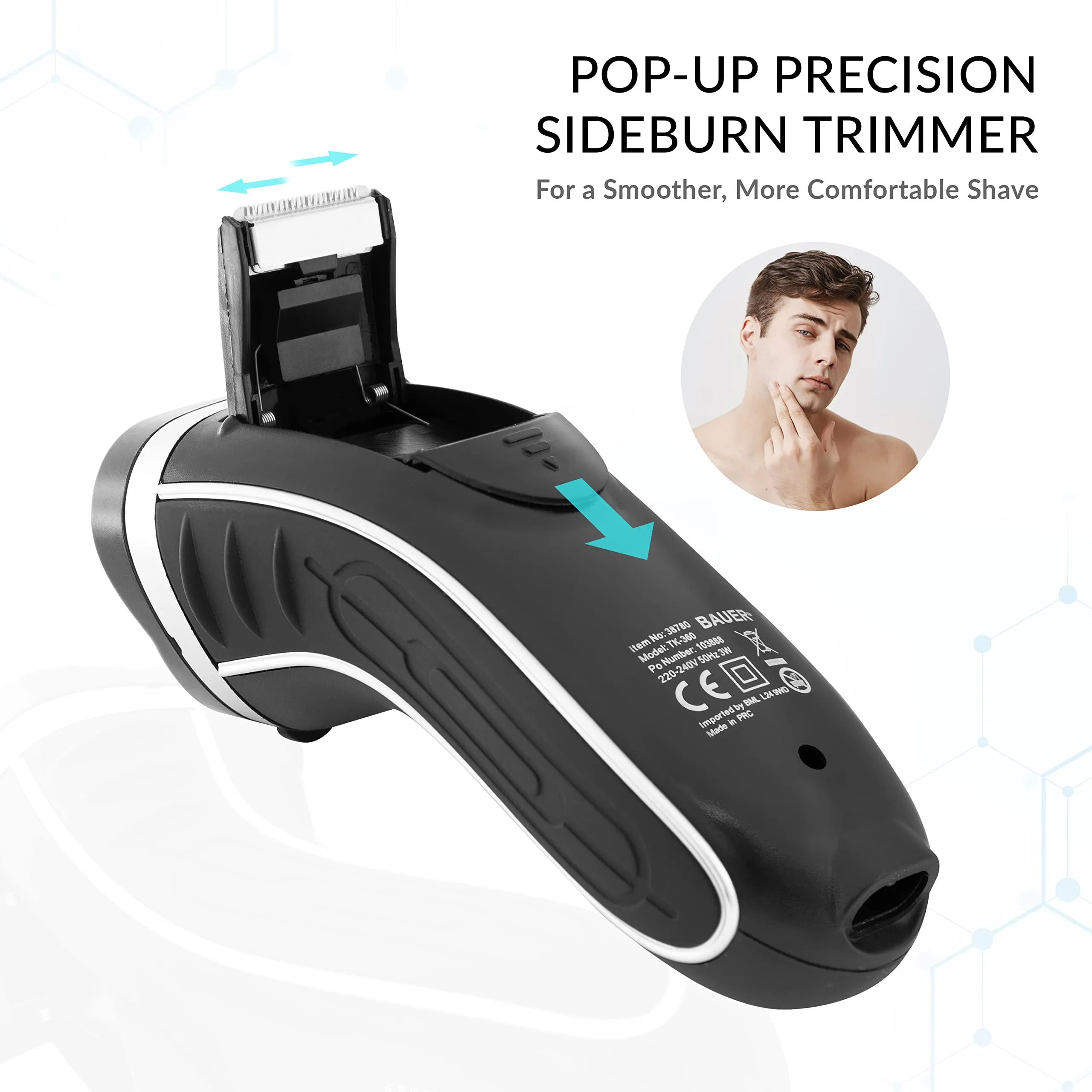 Bauer Professional 38780 Men’s Electric Shaver / Three Flexible Rotary Heads / Ergonomic Grip / Pop-Up Sideburn Trimmer / Cordless & Rechargeable / Head, Face & Body Shaver