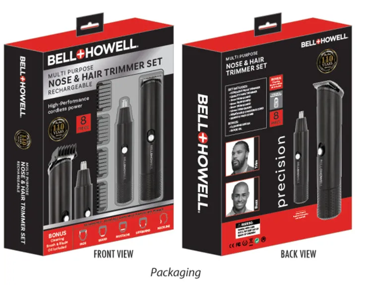 Bell & Howell Rechargeable 8pc Multi-Purpose Nose & Hair Trimmer Set, 2 Pack