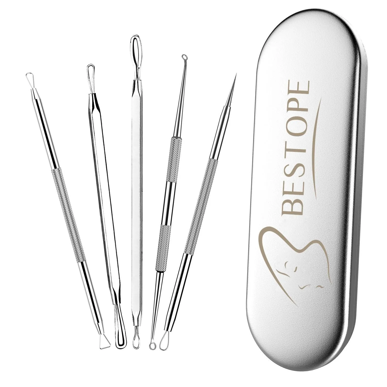 BESTOPE Blackhead Remover Pimple Popper Tool Kit Acne Comedone Zit Blackhead Extractor Tool for Nose Face, Blemish Whitehead Extraction Popping,Stainless Steel with Metal Case Silver