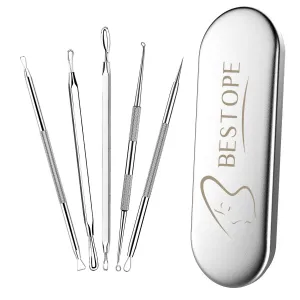 BESTOPE Blackhead Remover Pimple Popper Tool Kit Acne Comedone Zit Blackhead Extractor Tool for Nose Face, Blemish Whitehead Extraction Popping,Stainless Steel with Metal Case Silver