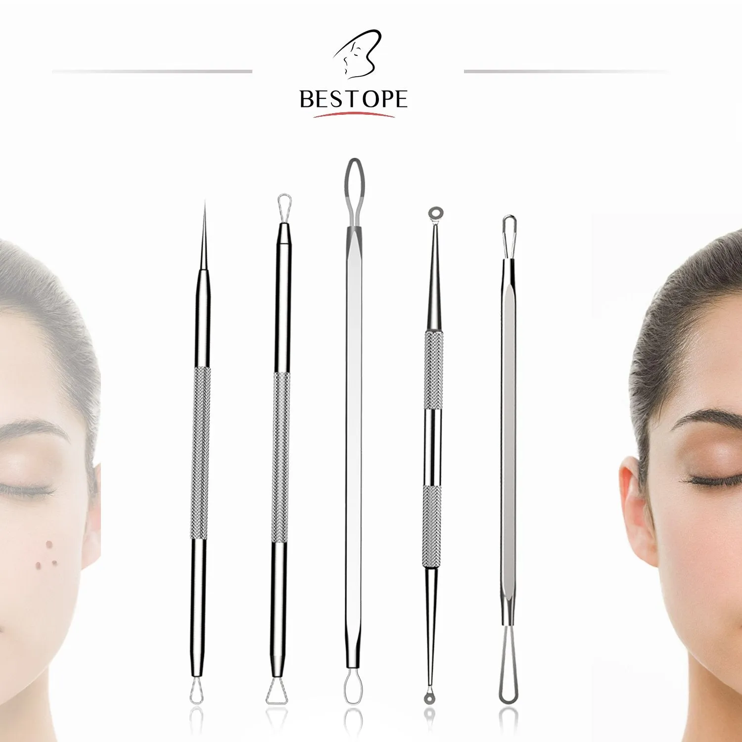 BESTOPE Blackhead Remover Pimple Popper Tool Kit Acne Comedone Zit Blackhead Extractor Tool for Nose Face, Blemish Whitehead Extraction Popping,Stainless Steel with Metal Case Silver