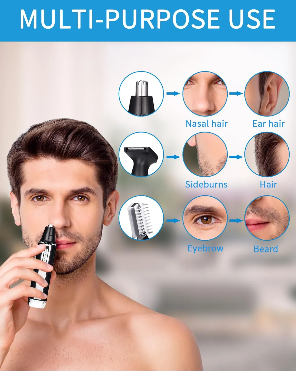 Birshe nose hair trimmer, nose hair trimmer, eyebrow trimmer, 3 in 1 set, ear hair trimmer with socket, pain-free facial hair trimmer for men and women, IPX7 waterproof, easy to clean