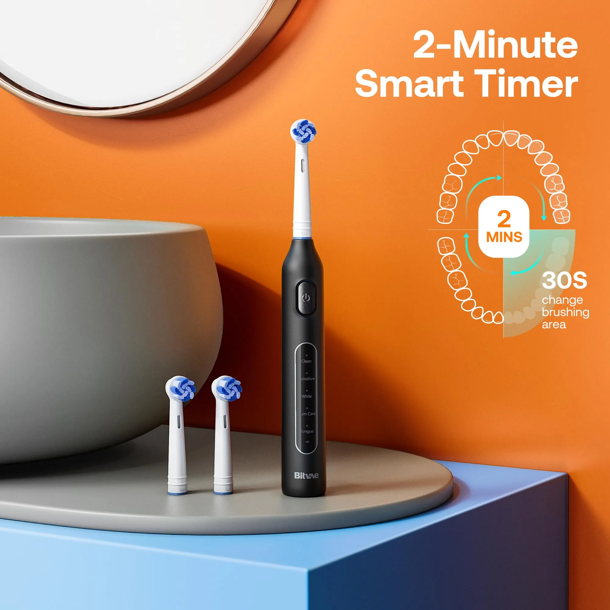 Bitvae R1 Rotating Electric Toothbrush with 8 Brush Heads for Adults and Kids, 60-Day Battery Life, 5 Modes Rechargeable Power Toothbrush with 2-Minute Smart Timer, Black ROTARY R1