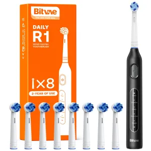 Bitvae R1 Rotating Electric Toothbrush with 8 Brush Heads for Adults and Kids, 60-Day Battery Life, 5 Modes Rechargeable Power Toothbrush with 2-Minute Smart Timer, Black ROTARY R1