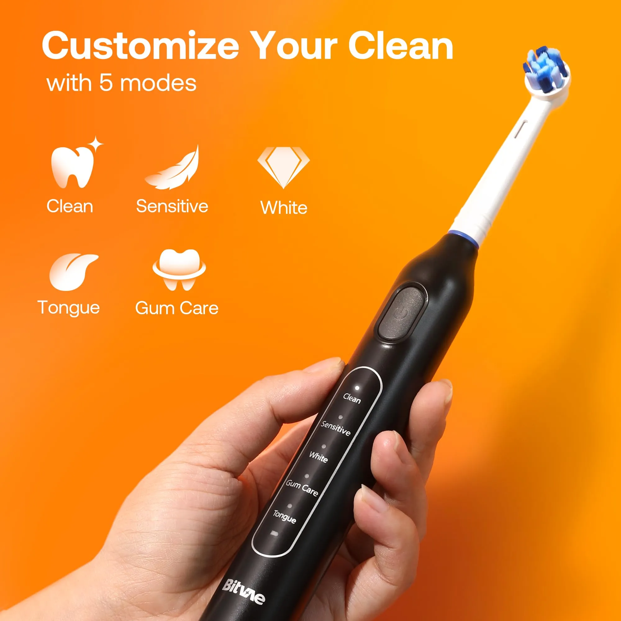 Bitvae R1 Rotating Electric Toothbrush with 8 Brush Heads for Adults and Kids, 60-Day Battery Life, 5 Modes Rechargeable Power Toothbrush with 2-Minute Smart Timer, Black ROTARY R1