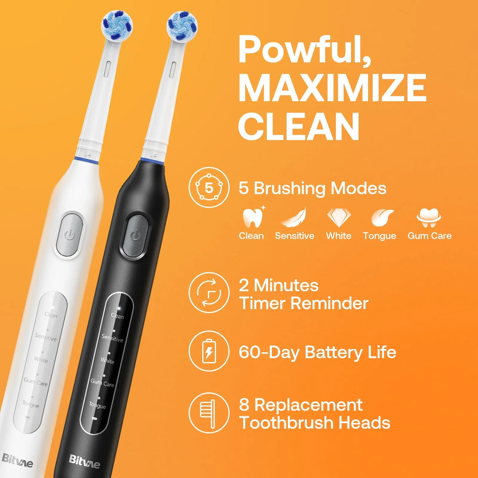Bitvae Rotating Electric Toothbrush 2 Packs for Adults and Kids, 8 Brush Heads 60-Day Battery Life, 5 Modes Power Toothbrush with 2-Minute Smart Timer, Black & White, R1