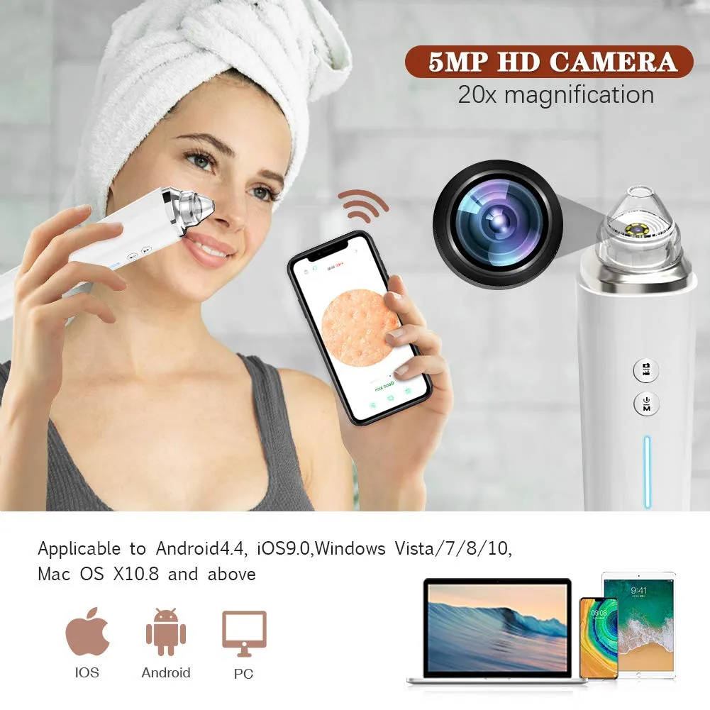 Blackhead Remover Pore Vacuum, Upgraded WiFi Visible Facial Pore Cleanser with HD Camera Pimple Acne Comedone Extractor Kit with 6 Suction Heads USB Rechargeable Electric Black Head Suction Tool Pure White