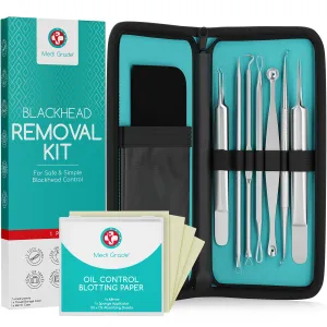 Blackhead Remover Tool with Oil Absorbing Blotting Paper [50 Sheets] - Stainless Steel Pimple Popper, Black Head Remove Kit Including Spot Popper, Whitehead Remover & Comedone Extractor