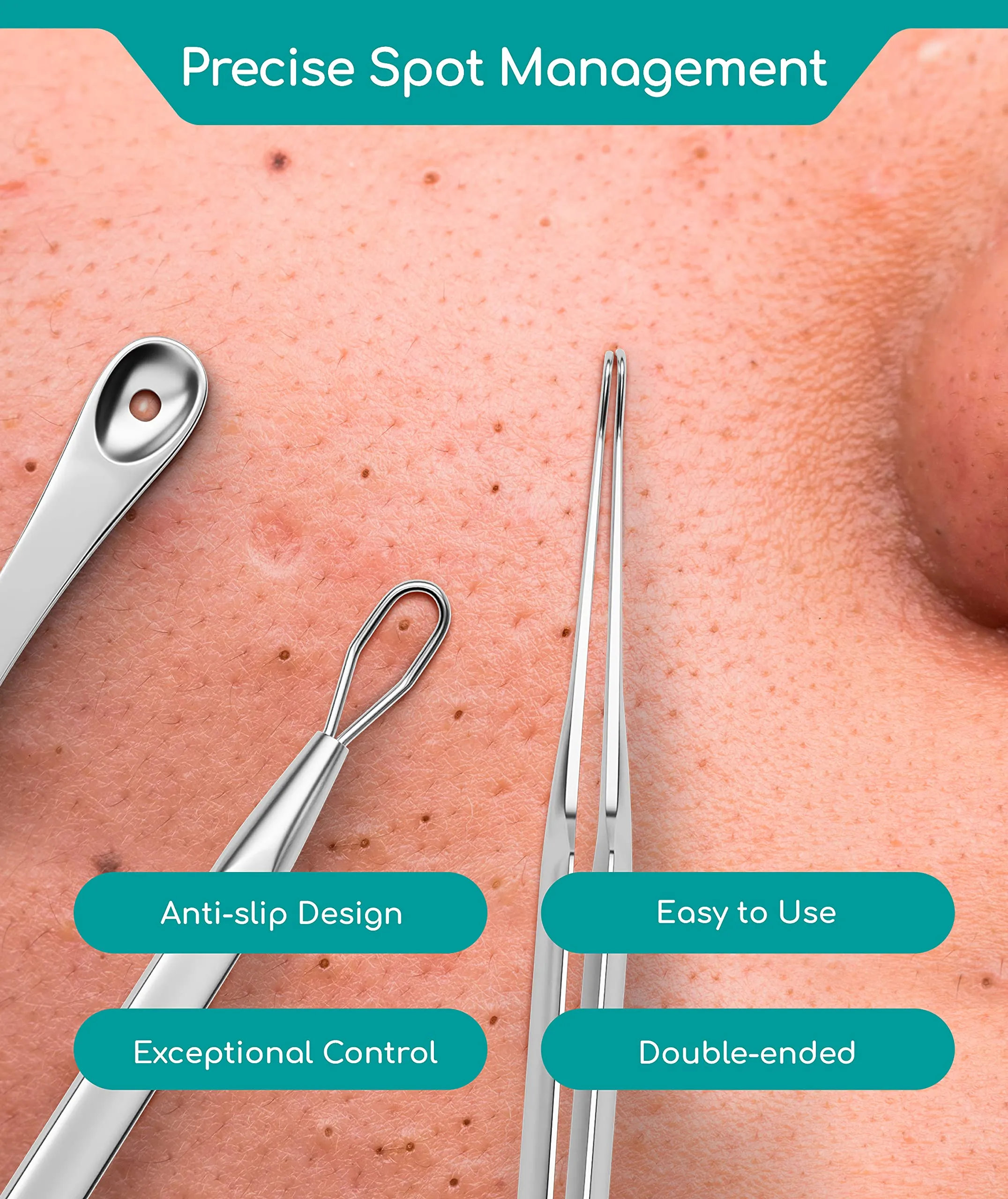 Blackhead Remover Tool with Oil Absorbing Blotting Paper [50 Sheets] - Stainless Steel Pimple Popper, Black Head Remove Kit Including Spot Popper, Whitehead Remover & Comedone Extractor